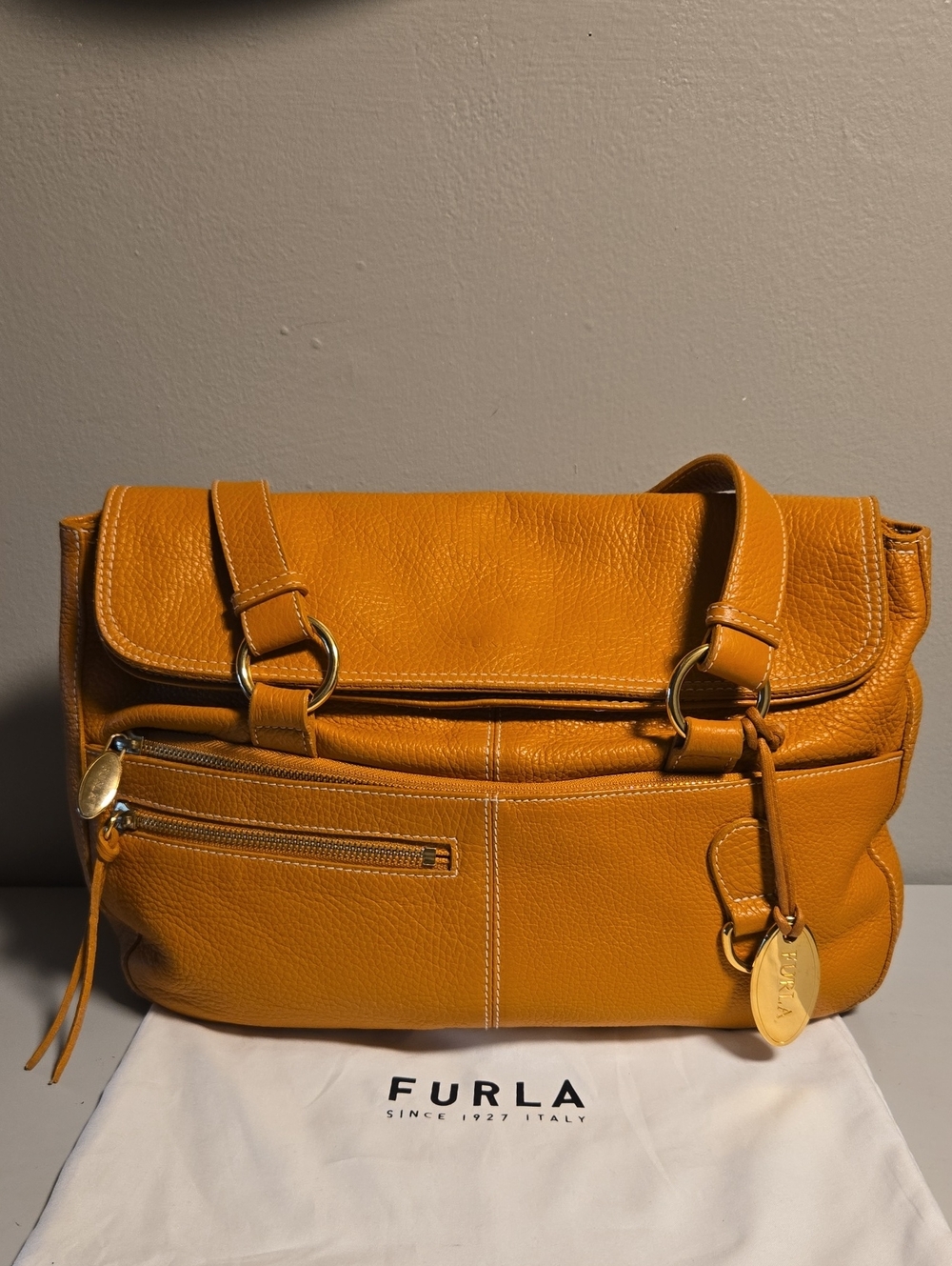 Furla Orange-Tan Pebbled Leather Shoulder Bag